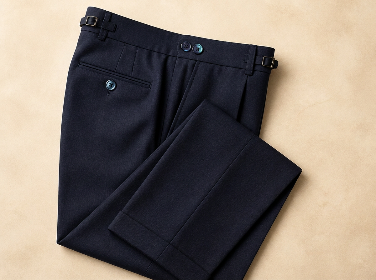 Pantaloni sartoriali blu notte piegati, dettaglio bottoni e fibbie