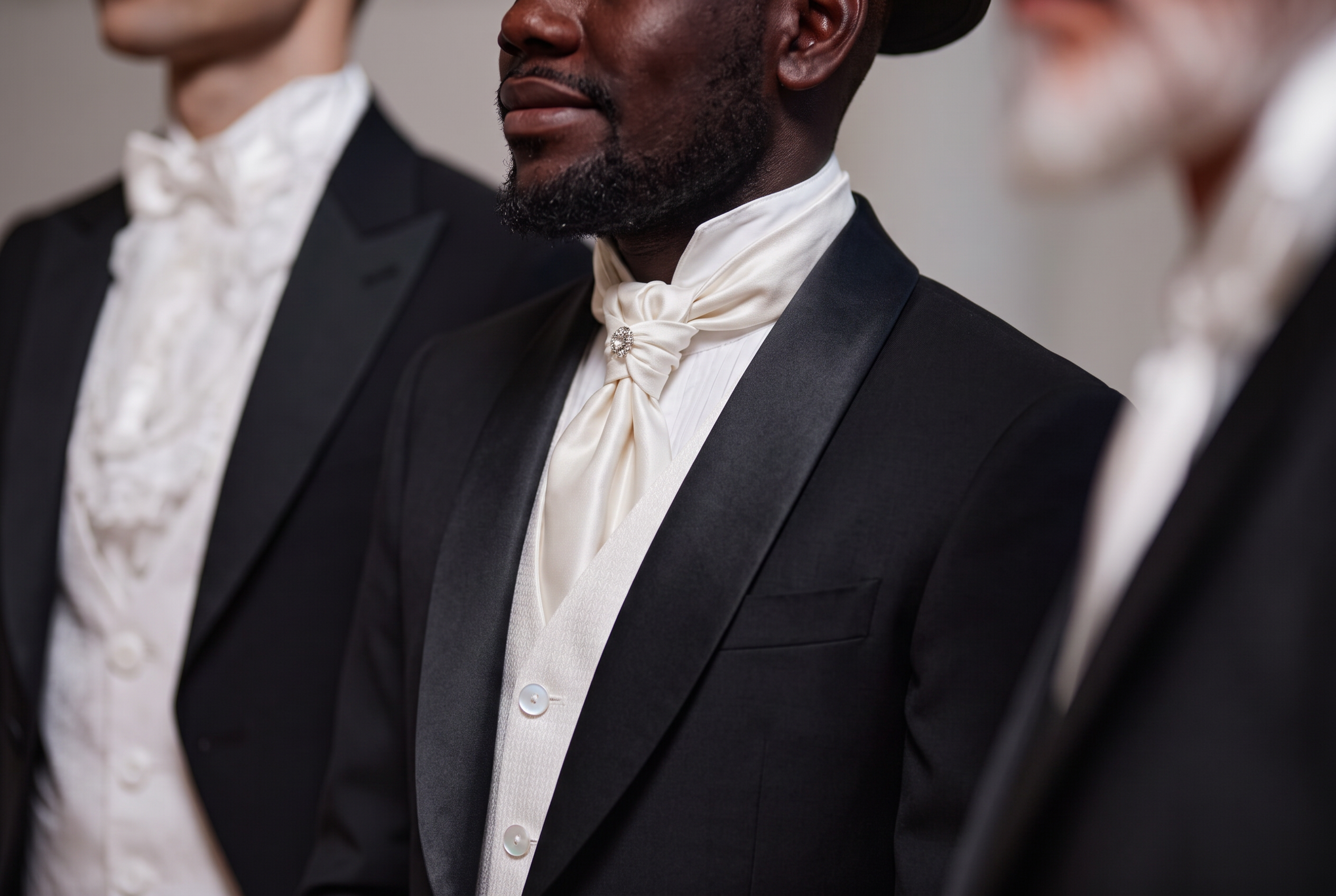 Abiti da cerimonia uomo su misura — dettaglio di tight con plastron in seta avorio, SARTORIA 24 Milano