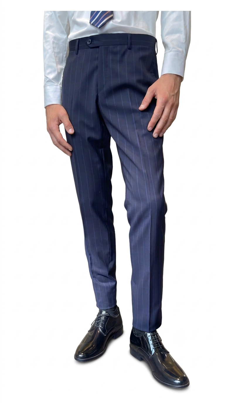 Pantalone gessato blu in pura lana, taglio a sigaretta — miniatura 3