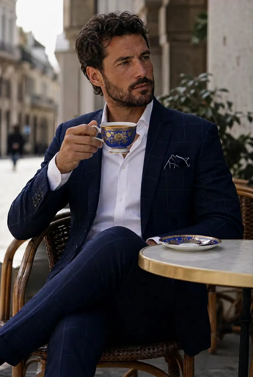 Cliente in abito su misura Sartoria 24 a Milano con tazza da tè