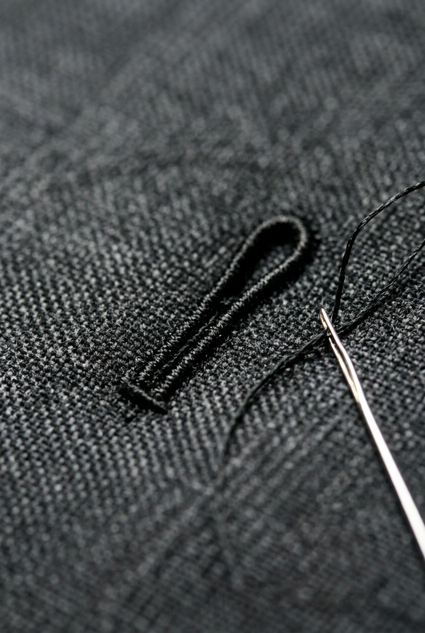 Macro di un'asola cucita a mano con ago e filo su tessuto sartoriale