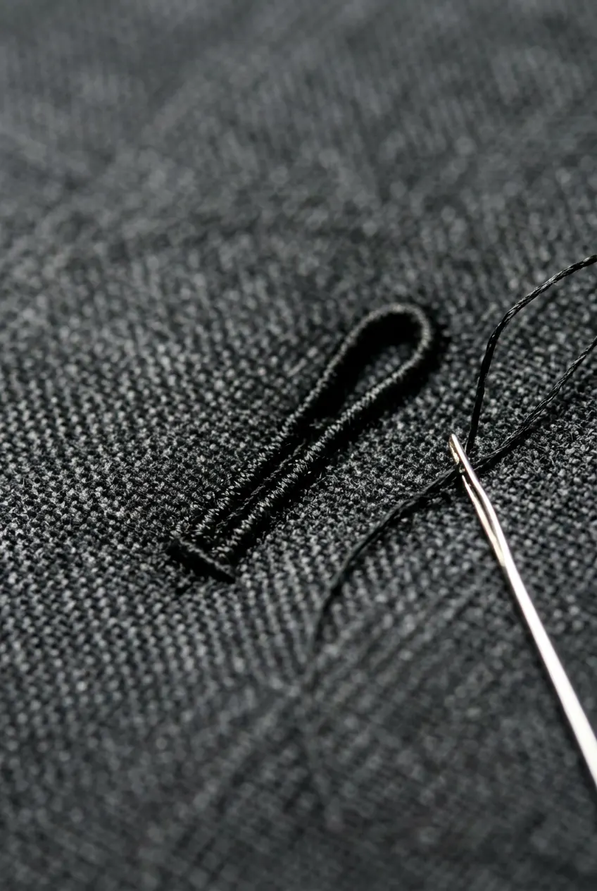 Macro di un'asola cucita a mano con ago e filo su tessuto sartoriale